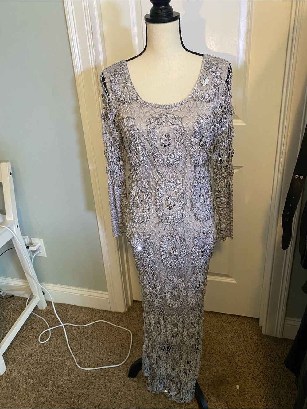 Newport News Vintage Light Gray Crochet Long Sleeve Maxi Dress with Sequins
